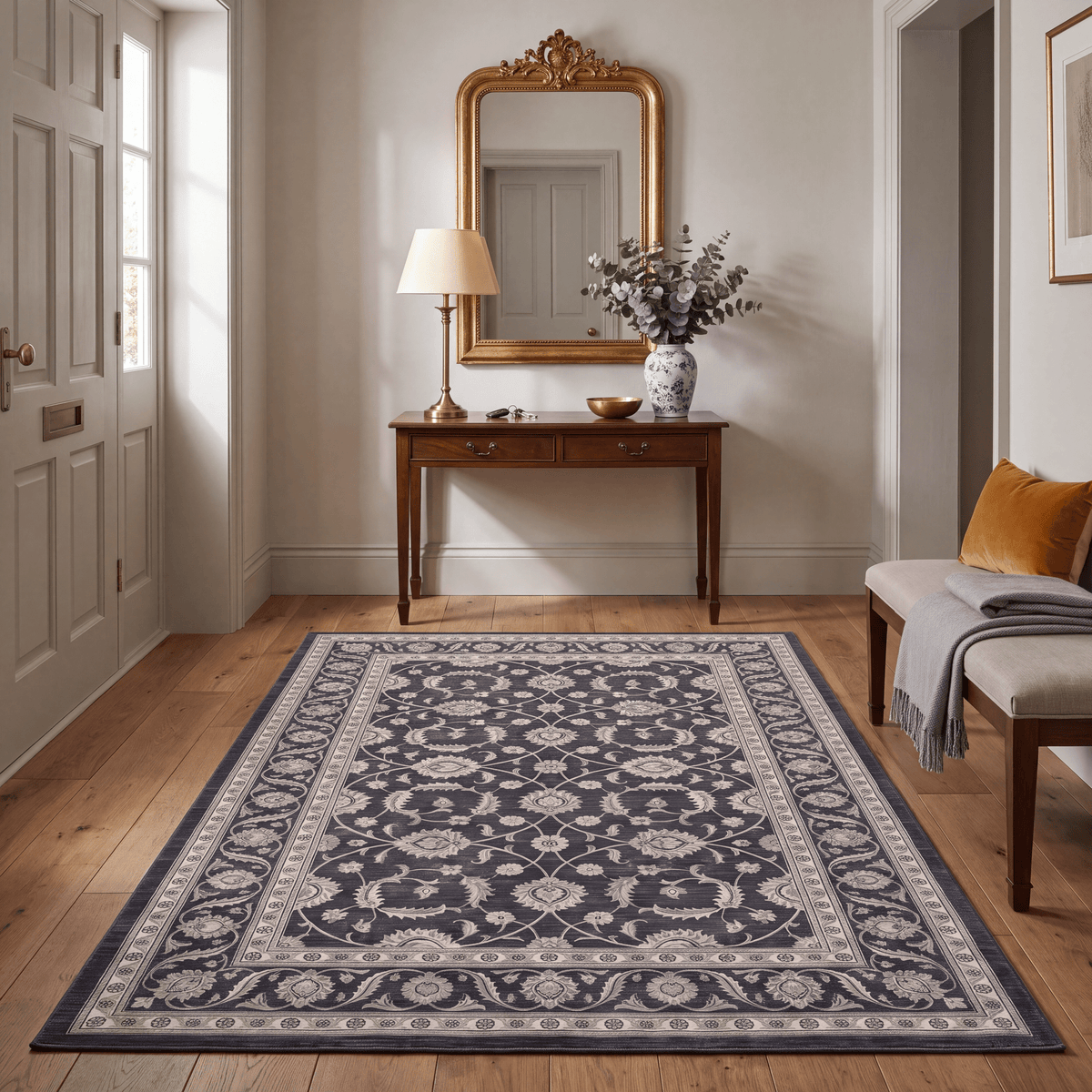 Daisywood Traditional Floral Overdyed Charcoal Pewter Ivory Washable Indoor Outdoor Entryway Rug - RugzellaDigital Print RugRugzellaRugzellaBBB540-RECT-24x47-60x120cmRGZLLA163366Rectangle2' x 3'11" (60x120 cm)RECTANGLE | Daisywood rectangle entryway