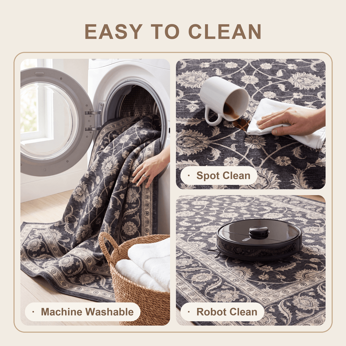 Daisywood Traditional Floral Overdyed Charcoal Pewter Ivory Washable Indoor Outdoor Entryway Rug - RugzellaDigital Print RugRugzellaRugzellaBBB540-RECT-24x47-60x120cmRGZLLA163366Rectangle2' x 3'11" (60x120 cm)SHARED | Daisywood feature clean