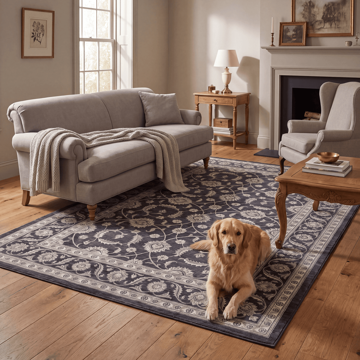 A dog resting on the rug in a living room.