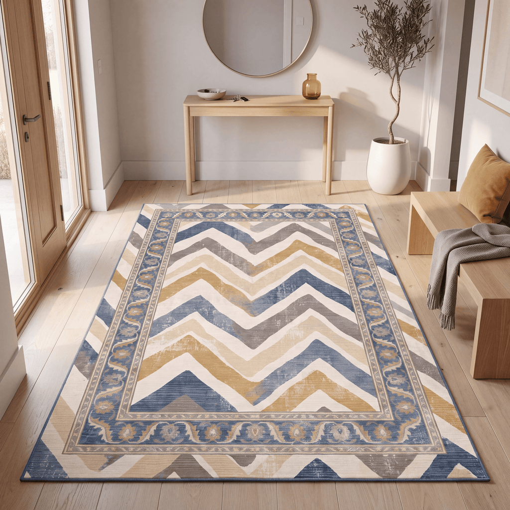 Dandelion Modern Brushstroke Stripe Denim Blue Grey Cream Gold Washable Indoor Outdoor Entryway Rug - RugzellaDigital Print RugRugzellaRugzellaBBB541-RECT-24x47-60x120cmRGZLLA163701Rectangle2' x 3'11" (60x120 cm)RECTANGLE | Dandelion rectangle entryway