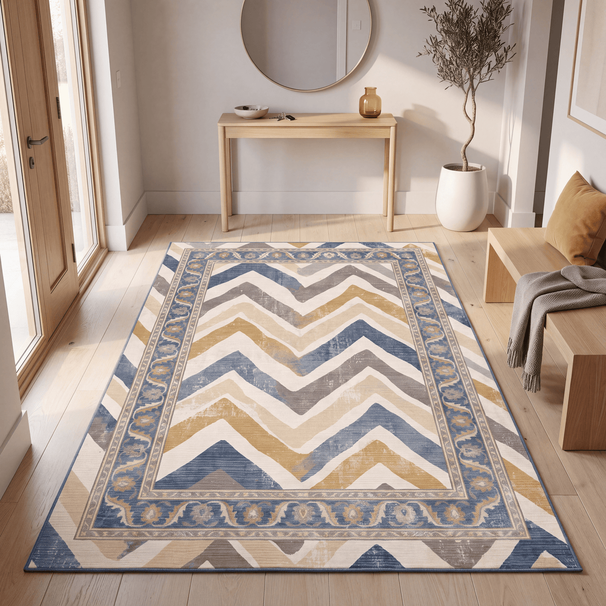 Dandelion Modern Brushstroke Stripe Denim Blue Grey Cream Gold Washable Indoor Outdoor Entryway Rug - RugzellaDigital Print RugRugzellaRugzellaBBB541-RECT-24x47-60x120cmRGZLLA163701Rectangle2' x 3'11" (60x120 cm)RECTANGLE | Dandelion rectangle entryway