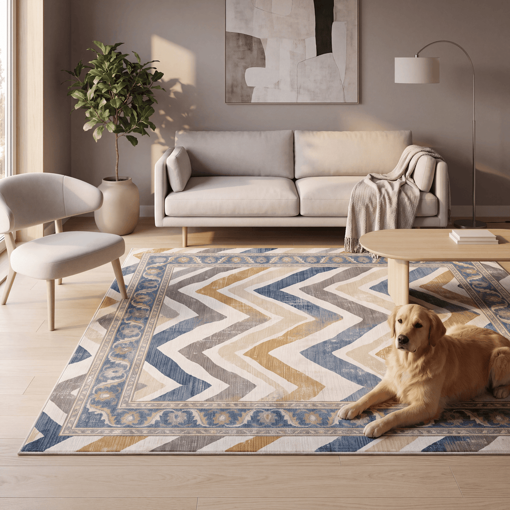 Dandelion Modern Brushstroke Stripe Denim Blue Grey Cream Gold Washable Indoor Outdoor Entryway Rug - RugzellaDigital Print RugRugzellaRugzellaBBB541-RECT-24x47-60x120cmRGZLLA163701Rectangle2' x 3'11" (60x120 cm)RECTANGLE | Dandelion rectangle livingroom