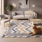 Dandelion Modern Brushstroke Stripe Denim Blue Grey Cream Gold Washable Indoor Outdoor Entryway Rug - RugzellaDigital Print RugRugzellaRugzellaBBB541-RECT-24x47-60x120cmRGZLLA163701Rectangle2' x 3'11" (60x120 cm)RECTANGLE | Dandelion rectangle livingroom