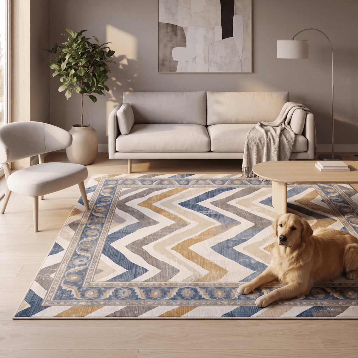 A dog resting on the rug in a living room.