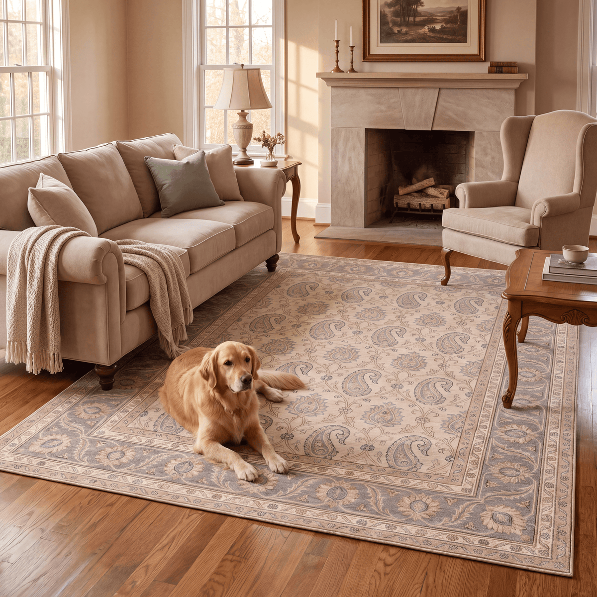A dog resting on the rug in a living room.