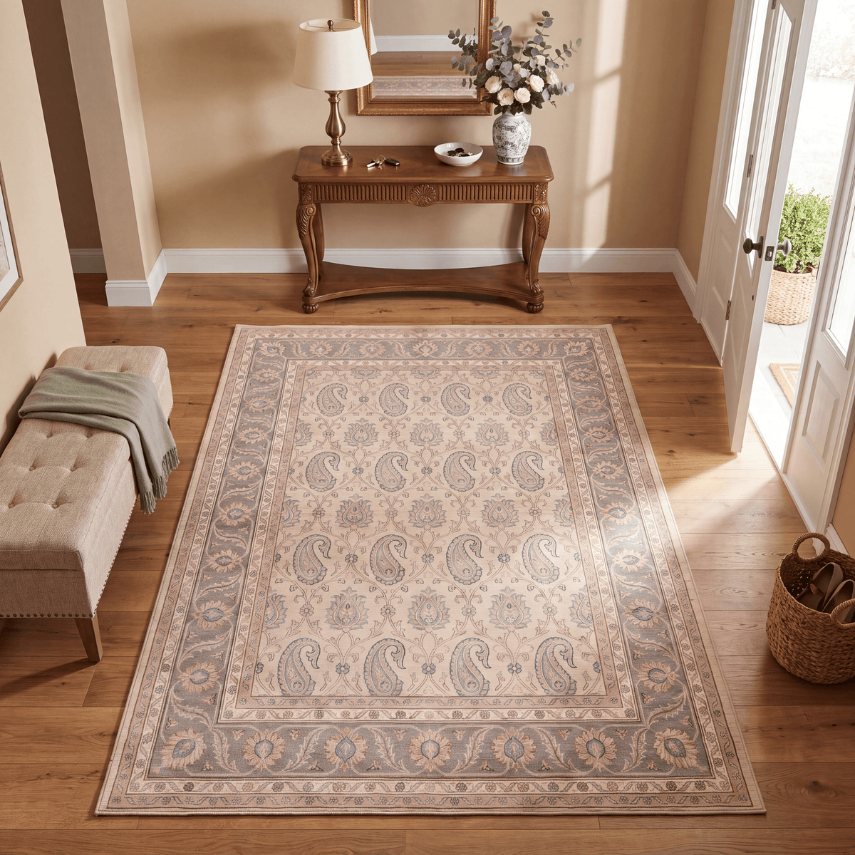 Deadnettle Traditional Floral Border Beige Grey Blush Cream Washable Indoor Outdoor Entryway Rug - RugzellaDigital Print RugRugzellaRugzellaBBB542-RECT-24x47-60x120cmRGZLLA164036Rectangle2' x 3'11" (60x120 cm)RECTANGLE | Deadnettle rectangle entryway
