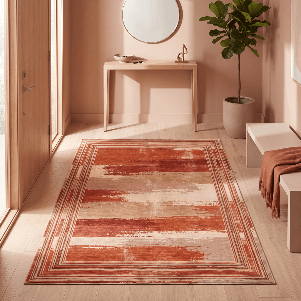 Dewberry Modern Brushstroke Stripe Rust Ember Sand Washable Indoor Outdoor Entryway Rug - RugzellaDigital Print RugRugzellaRugzellaBBB543-RECT-24x47-60x120cmRGZLLA164371Rectangle2' x 3'11" (60x120 cm)RECTANGLE | Dewberry rectangle entryway