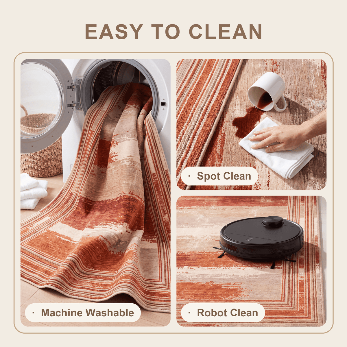 Dewberry Modern Brushstroke Stripe Rust Ember Sand Washable Indoor Outdoor Entryway Rug - RugzellaDigital Print RugRugzellaRugzellaBBB543-RECT-24x47-60x120cmRGZLLA164371Rectangle2' x 3'11" (60x120 cm)SHARED | Dewberry feature clean