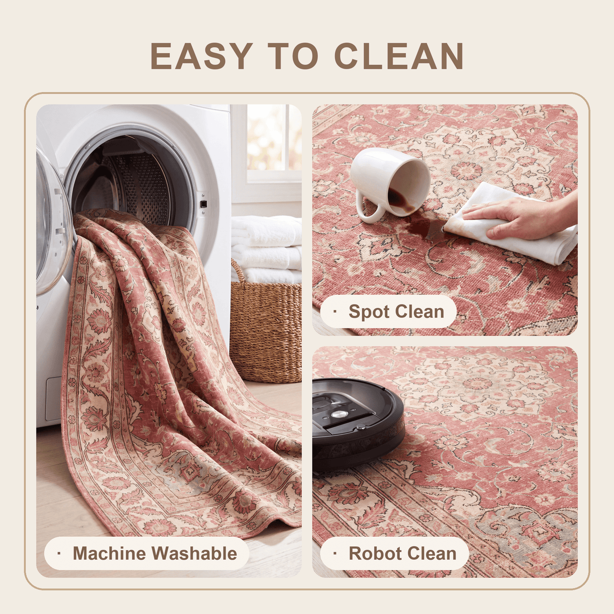 Dogwood Traditional Distressed Medallion Rose Madder Cream Washable Indoor Outdoor Entryway Rug - RugzellaDigital Print RugRugzellaRugzellaBBB545-RECT-24x47-60x120cmRGZLLA165041Rectangle2' x 3'11" (60x120 cm)SHARED | Dogwood feature clean