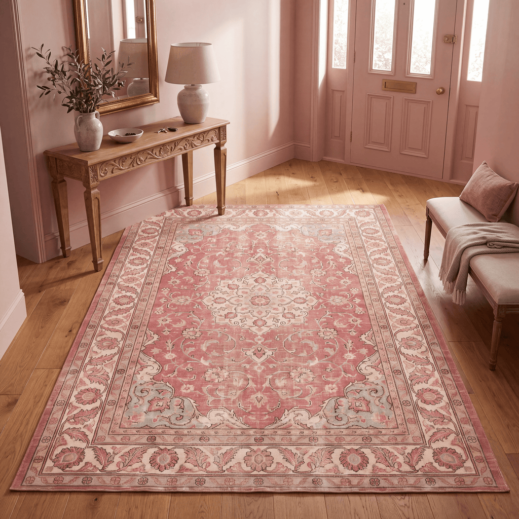 Dogwood Traditional Distressed Medallion Rose Madder Cream Washable Indoor Outdoor Entryway Rug - RugzellaDigital Print RugRugzellaRugzellaBBB545-RECT-24x47-60x120cmRGZLLA165041Rectangle2' x 3'11" (60x120 cm)RECTANGLE | Dogwood rectangle entryway