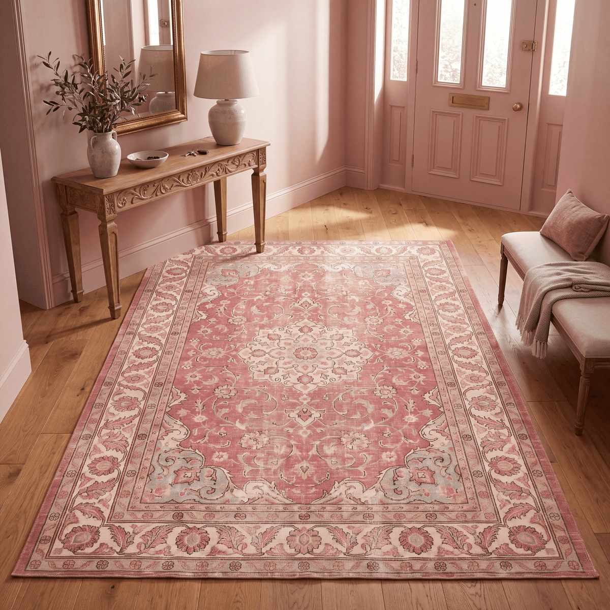 Dogwood Traditional Distressed Medallion Rose Madder Cream Washable Indoor Outdoor Entryway Rug - RugzellaDigital Print RugRugzellaRugzellaBBB545-RECT-24x47-60x120cmRGZLLA165041Rectangle2' x 3'11" (60x120 cm)RECTANGLE | Dogwood rectangle entryway