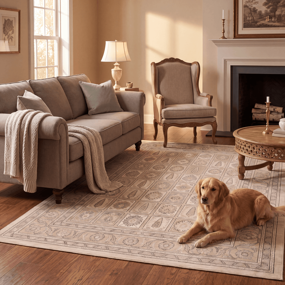 A dog resting on the rug in a living room.