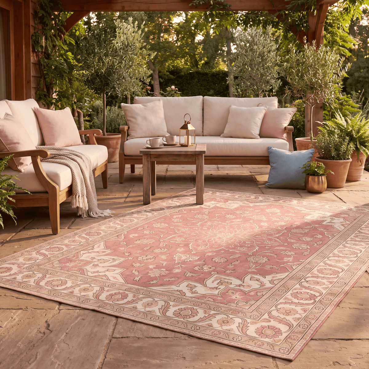Downs2 Traditional Medallion Border Rose Pink Cream Washable Indoor Outdoor Rug - RugzellaDigital Print RugRugzellaRugzellaBBB415-RECT-24x47-60x120cmRGZLLA120151Rectangle2' x 3'11" (60x120 cm)RECTANGLE | Downs2 rectangle outdoor