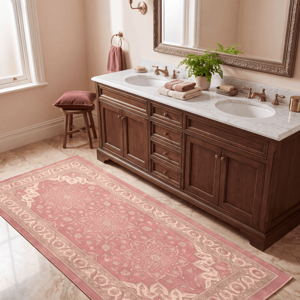 Downs2 Traditional Medallion Border Rose Pink Cream Washable Indoor Outdoor Rug - RugzellaDigital Print RugRugzellaRugzellaBBB415-RECT-24x47-60x120cmRGZLLA120151Rectangle2' x 3'11" (60x120 cm)RUNNER | Downs2 runner bathroom