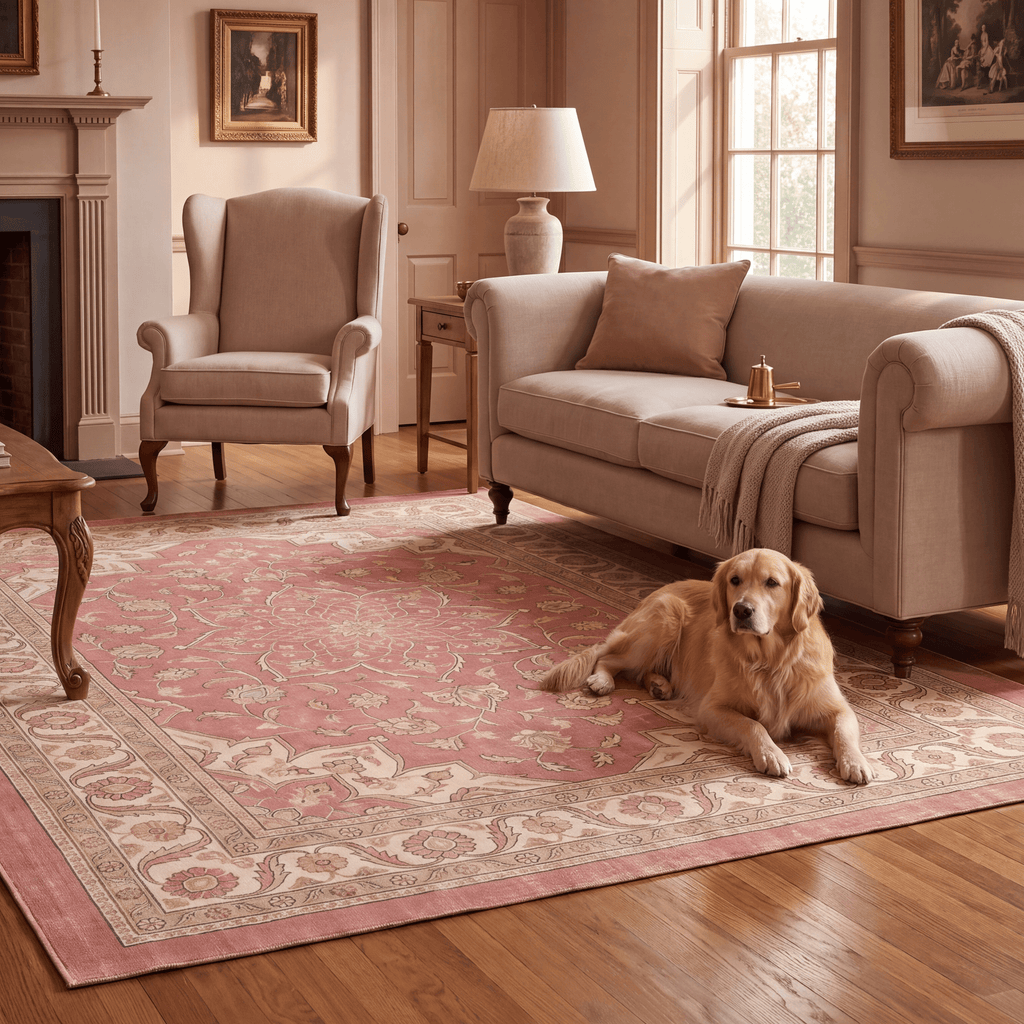 Downs2 Traditional Medallion Border Rose Pink Cream Washable Indoor Outdoor Rug - RugzellaDigital Print RugRugzellaRugzellaBBB415-RECT-24x47-60x120cmRGZLLA120151Rectangle2' x 3'11" (60x120 cm)RECTANGLE | Downs2 rectangle livingroom