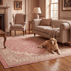 Downs2 Traditional Medallion Border Rose Pink Cream Washable Indoor Outdoor Rug - RugzellaDigital Print RugRugzellaRugzellaBBB415-RECT-24x47-60x120cmRGZLLA120151Rectangle2' x 3'11" (60x120 cm)RECTANGLE | Downs2 rectangle livingroom