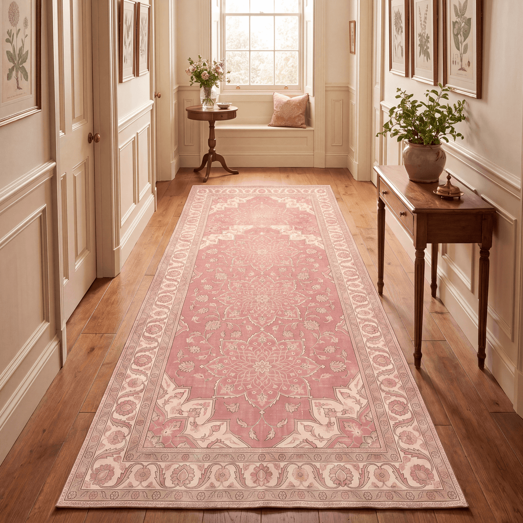 Downs2 Traditional Medallion Border Rose Pink Cream Washable Indoor Outdoor Rug - RugzellaDigital Print RugRugzellaRugzellaBBB415-RECT-24x47-60x120cmRGZLLA120151Rectangle2' x 3'11" (60x120 cm)RUNNER | Downs2 runner hallway