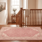 Downs2 Traditional Medallion Border Rose Pink Cream Washable Indoor Outdoor Rug - RugzellaDigital Print RugRugzellaRugzellaBBB415-RECT-24x47-60x120cmRGZLLA120151Rectangle2' x 3'11" (60x120 cm)RUNNER | Downs2 runner staircase