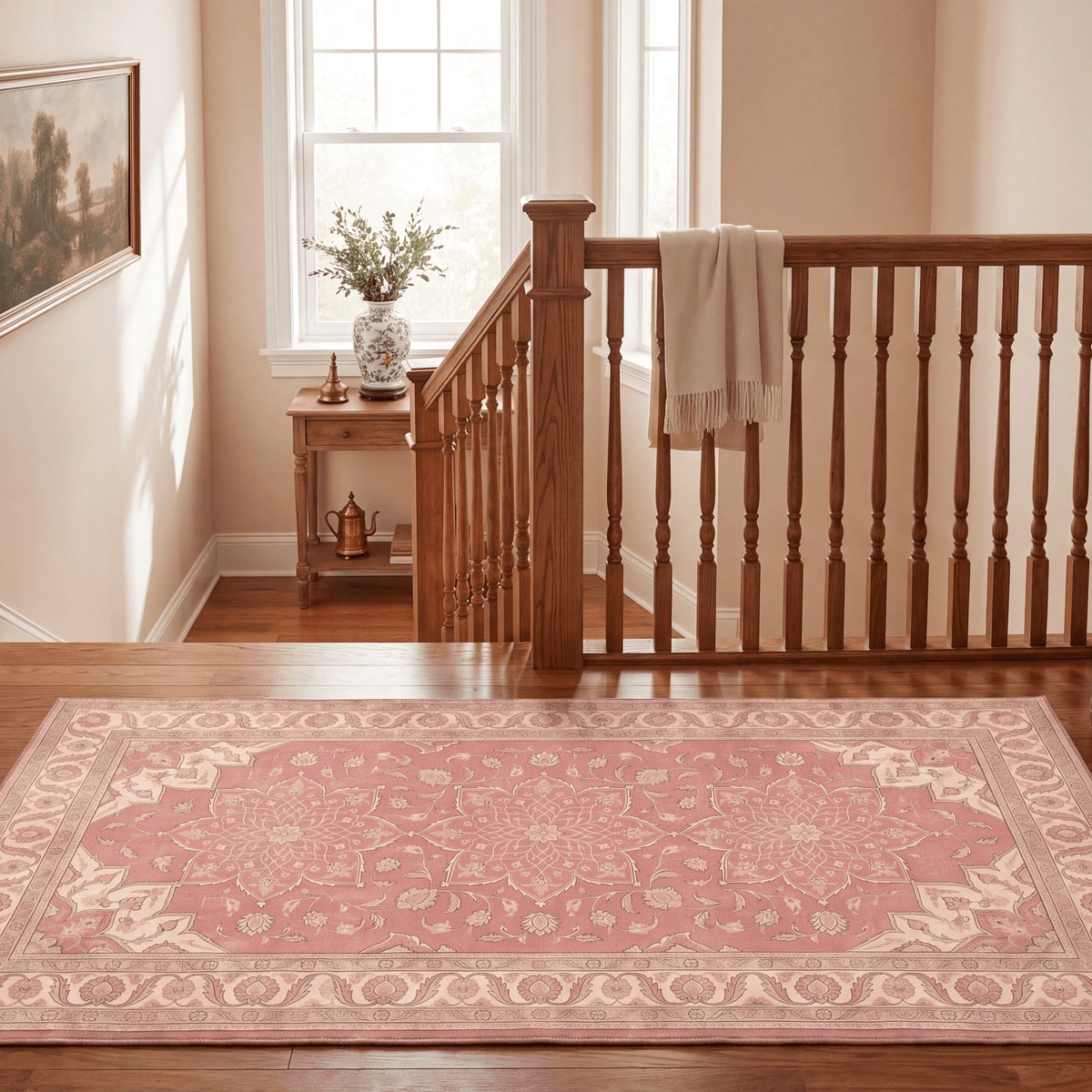 Downs2 Traditional Medallion Border Rose Pink Cream Washable Indoor Outdoor Rug - RugzellaDigital Print RugRugzellaRugzellaBBB415-RECT-24x47-60x120cmRGZLLA120151Rectangle2' x 3'11" (60x120 cm)RUNNER | Downs2 runner staircase