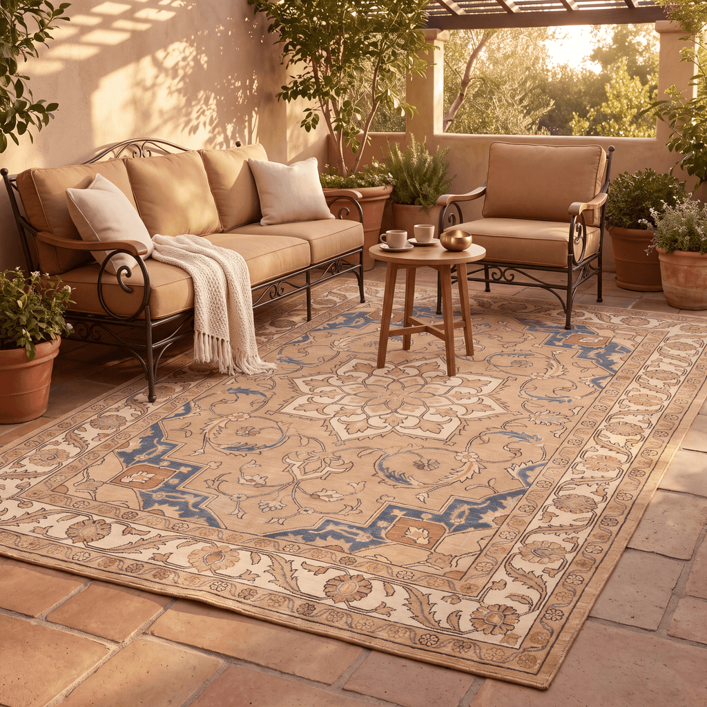 Dropwort Traditional Medallion Border Camel Cream Indigo Washable Indoor Outdoor Entryway Rug - RugzellaDigital Print RugRugzellaRugzellaBBB546-RECT-24x47-60x120cmRGZLLA165376Rectangle2' x 3'11" (60x120 cm)RECTANGLE | Dropwort rectangle outdoor