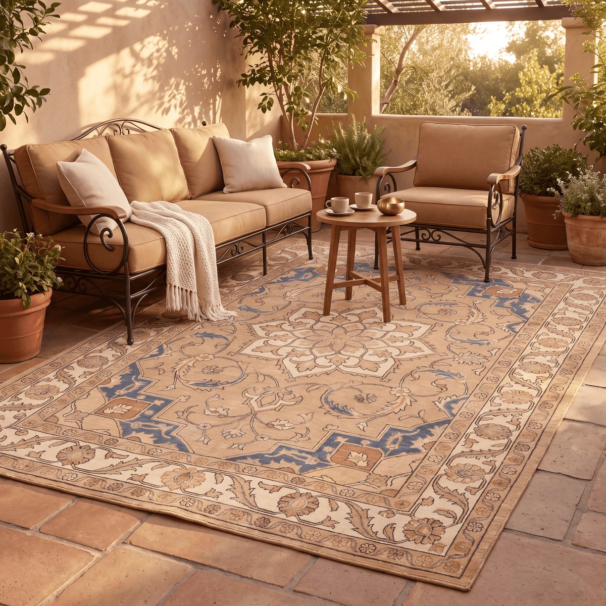 Dropwort Traditional Medallion Border Camel Cream Indigo Washable Indoor Outdoor Entryway Rug - RugzellaDigital Print RugRugzellaRugzellaBBB546-RECT-24x47-60x120cmRGZLLA165376Rectangle2' x 3'11" (60x120 cm)RECTANGLE | Dropwort rectangle outdoor
