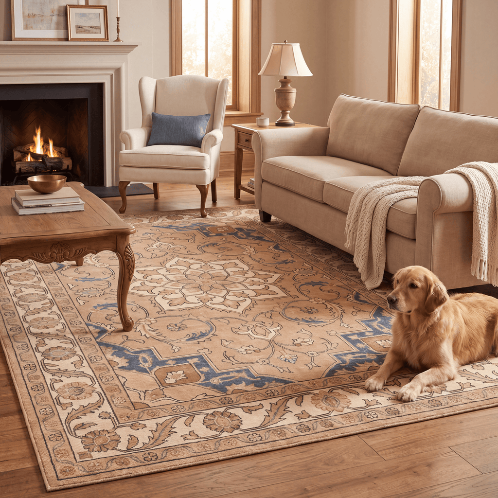 Dropwort Traditional Medallion Border Camel Cream Indigo Washable Indoor Outdoor Entryway Rug - RugzellaDigital Print RugRugzellaRugzellaBBB546-RECT-24x47-60x120cmRGZLLA165376Rectangle2' x 3'11" (60x120 cm)RECTANGLE | Dropwort rectangle livingroom
