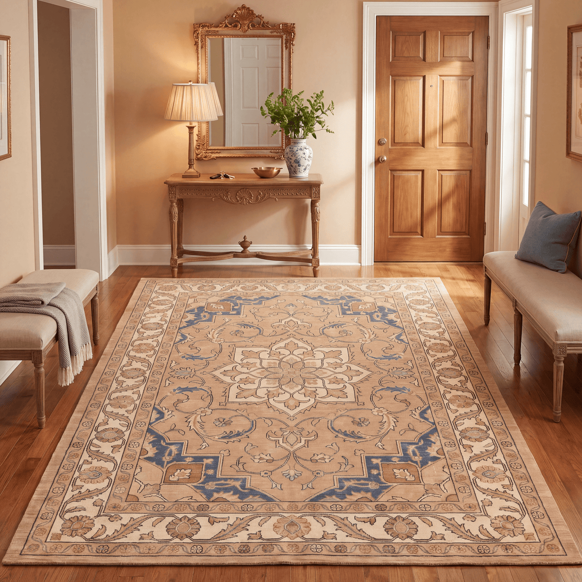 Dropwort Traditional Medallion Border Camel Cream Indigo Washable Indoor Outdoor Entryway Rug - RugzellaDigital Print RugRugzellaRugzellaBBB546-RECT-24x47-60x120cmRGZLLA165376Rectangle2' x 3'11" (60x120 cm)RECTANGLE | Dropwort rectangle entryway