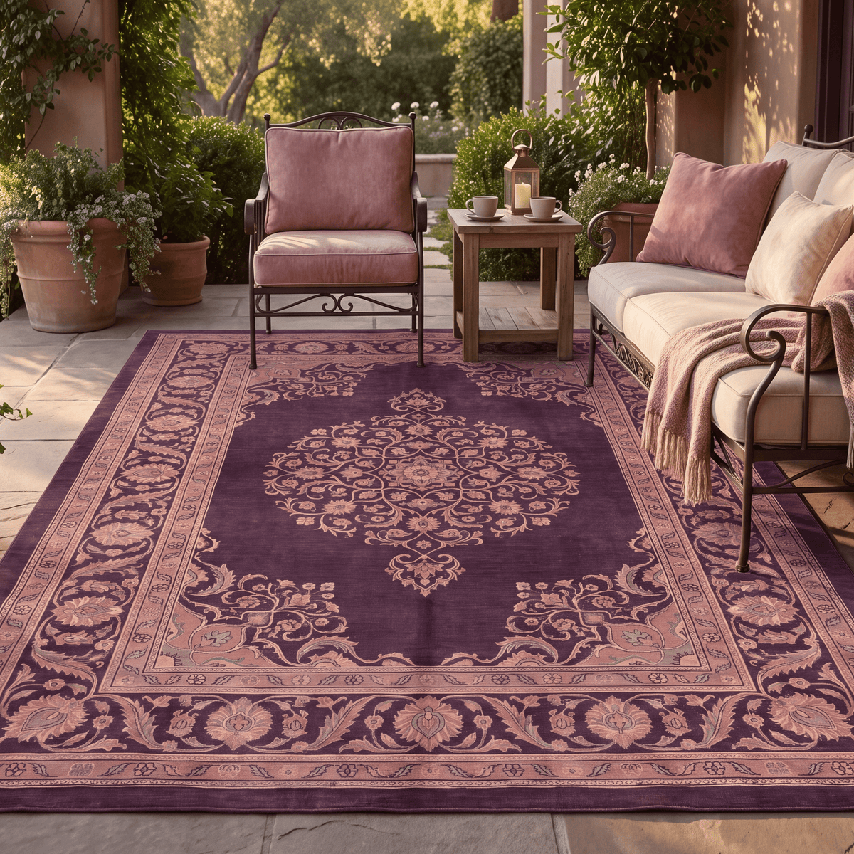 The rug laid flat on a patio beside outdoor seating.