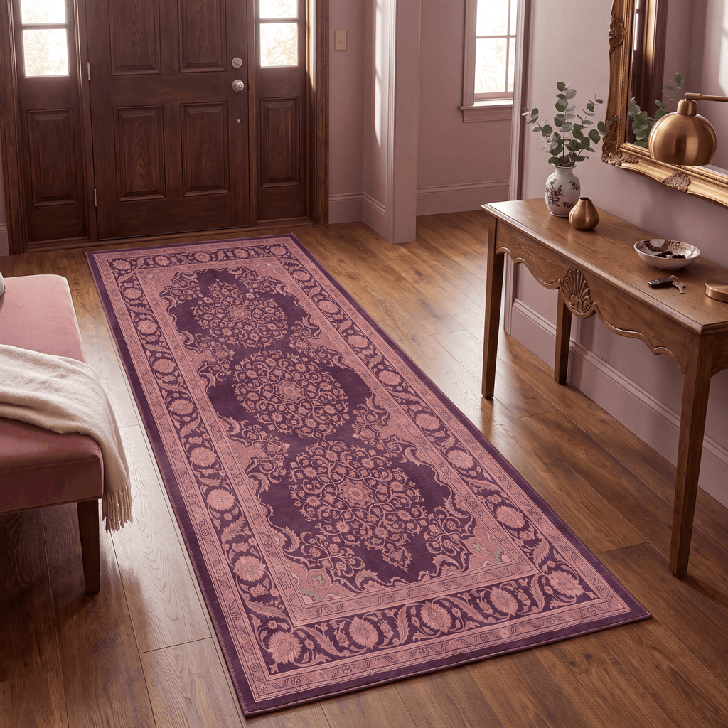 Ember2 Traditional Medallion Persian Style Aubergine Rose Ivory Washable Indoor Outdoor Rug - RugzellaDigital Print RugRugzellaRugzellaBBB380-RECT-24x47-60x120cmRGZLLA110436Rectangle2' x 3'11" (60x120 cm)RUNNER | Ember2 runner entryway