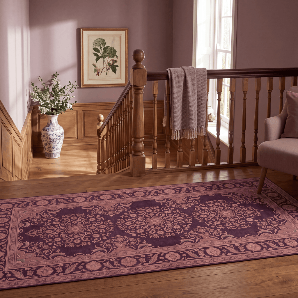 Ember2 Traditional Medallion Persian Style Aubergine Rose Ivory Washable Indoor Outdoor Rug - RugzellaDigital Print RugRugzellaRugzellaBBB380-RECT-24x47-60x120cmRGZLLA110436Rectangle2' x 3'11" (60x120 cm)RUNNER | Ember2 runner staircase