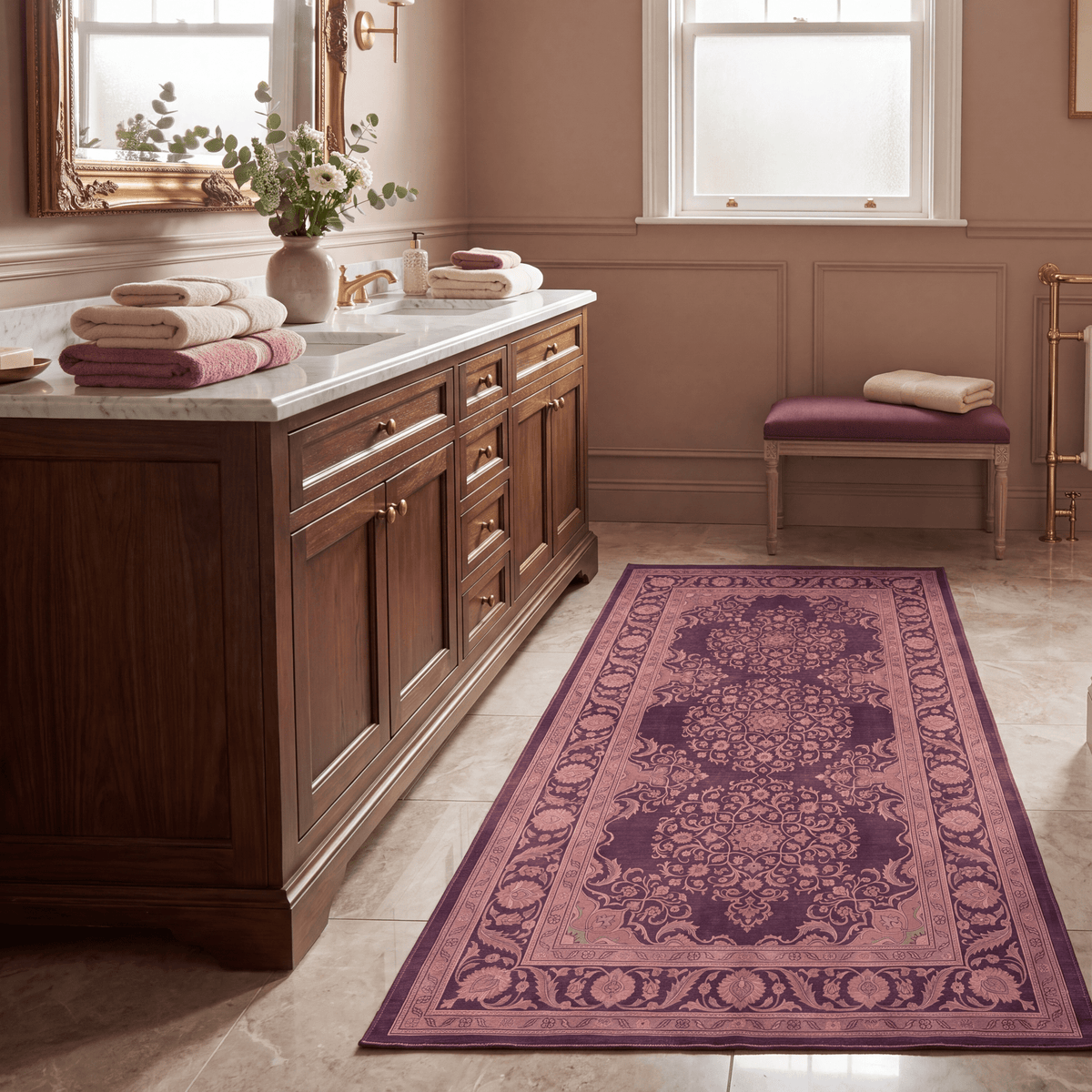 Ember2 Traditional Medallion Persian Style Aubergine Rose Ivory Washable Indoor Outdoor Rug - RugzellaDigital Print RugRugzellaRugzellaBBB380-RECT-24x47-60x120cmRGZLLA110436Rectangle2' x 3'11" (60x120 cm)RUNNER | Ember2 runner bathroom