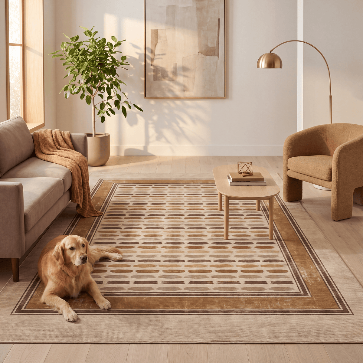 A dog resting on the rug in a living room.