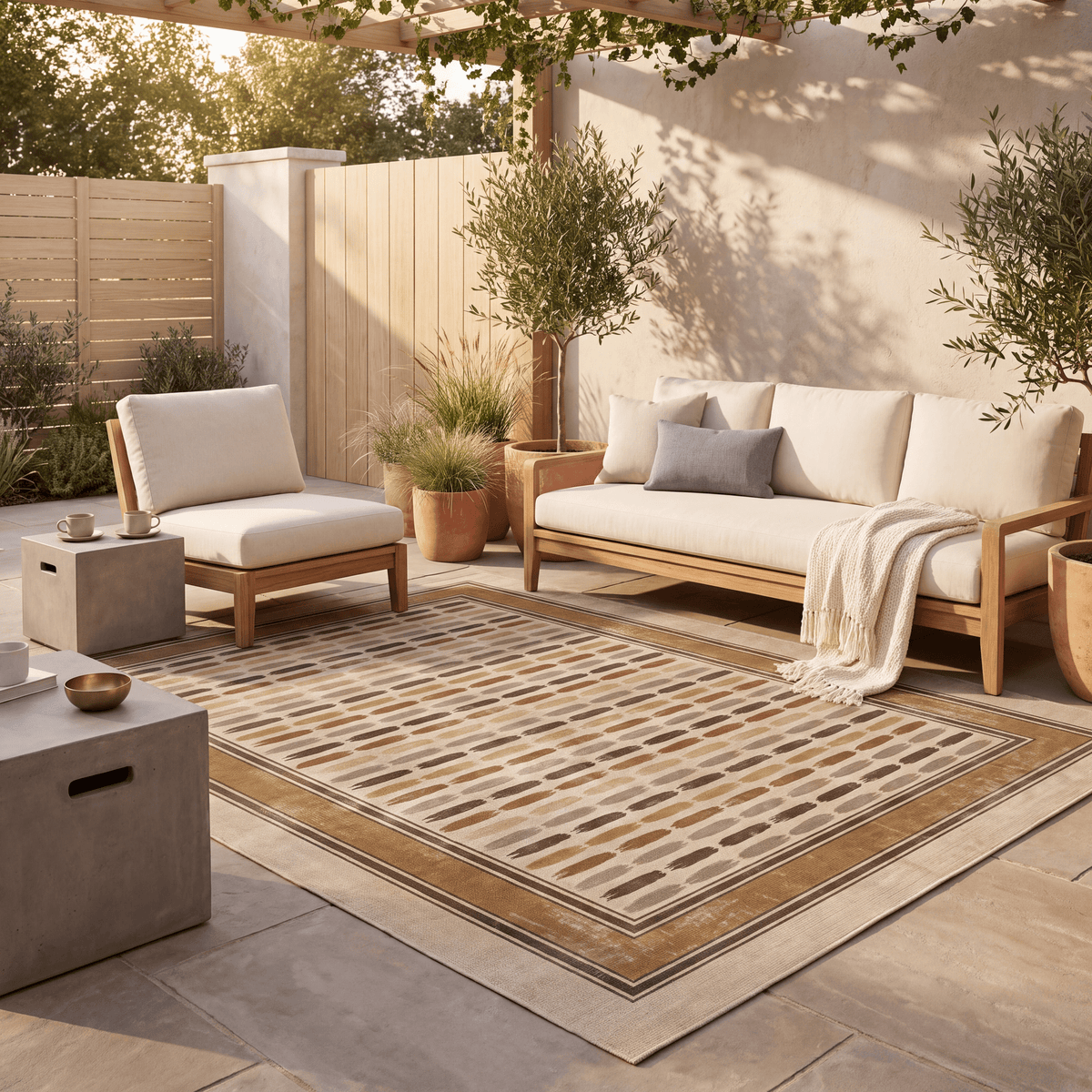 The rug laid flat on a patio beside outdoor seating.