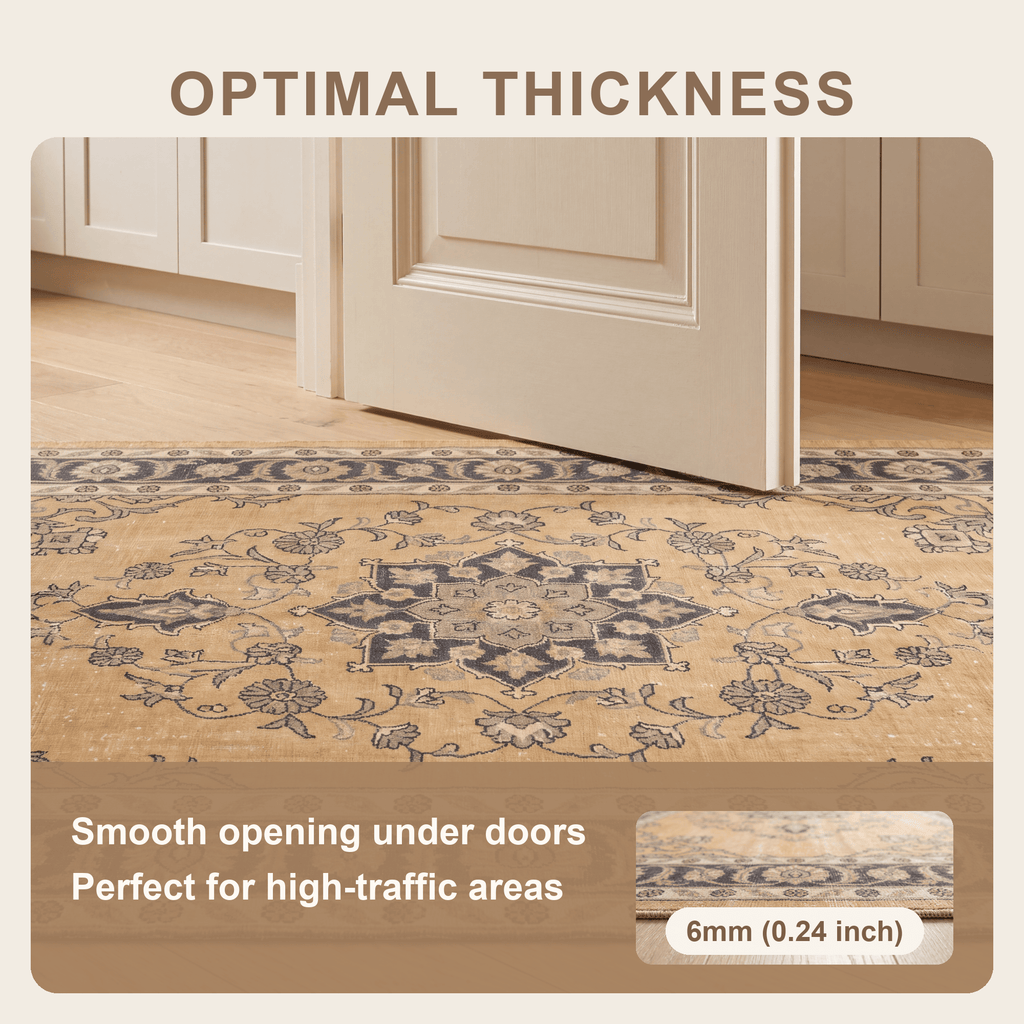 Eryngo Traditional Overdyed Medallion Mustard Charcoal Ivory Washable Indoor Outdoor Entryway Rug - RugzellaDigital Print RugRugzellaRugzellaBBB549-RECT-24x47-60x120cmRGZLLA166046Rectangle2' x 3'11" (60x120 cm)SHARED | Eryngo feature thickness