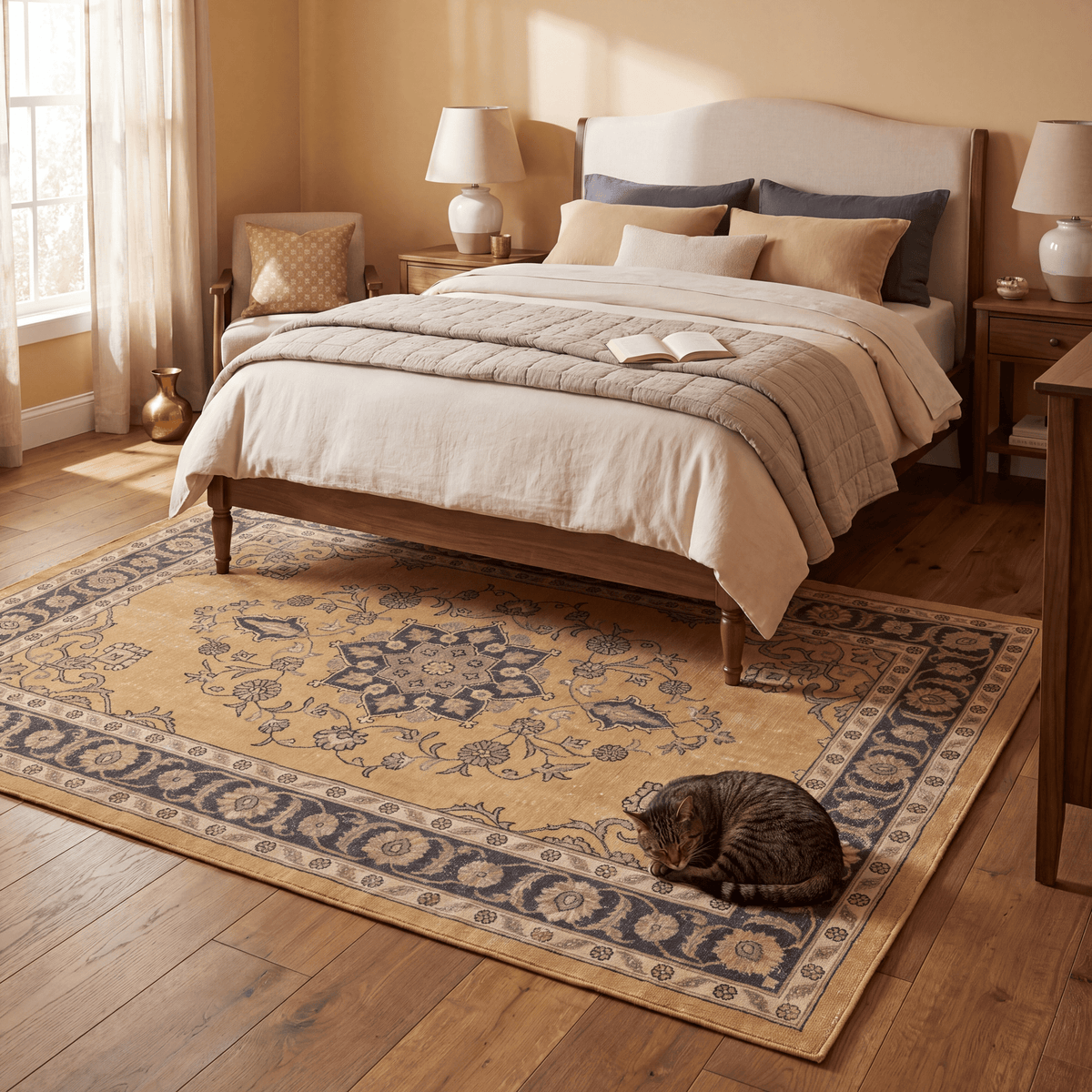 The rug at the foot of a bed with a cat asleep on it.