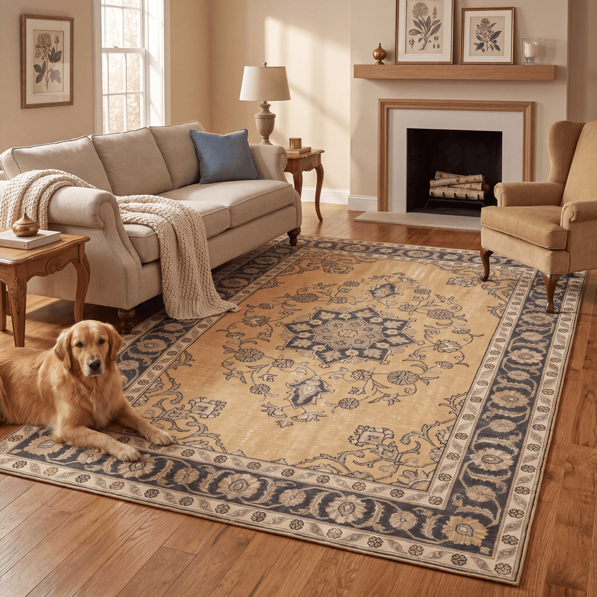 A dog resting on the rug in a living room.