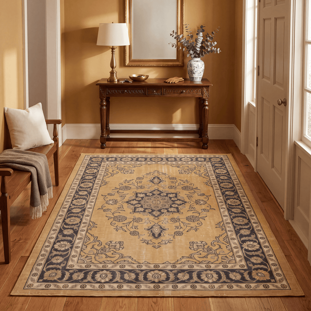 Eryngo Traditional Overdyed Medallion Mustard Charcoal Ivory Washable Indoor Outdoor Entryway Rug - RugzellaDigital Print RugRugzellaRugzellaBBB549-RECT-24x47-60x120cmRGZLLA166046Rectangle2' x 3'11" (60x120 cm)RECTANGLE | Eryngo rectangle entryway