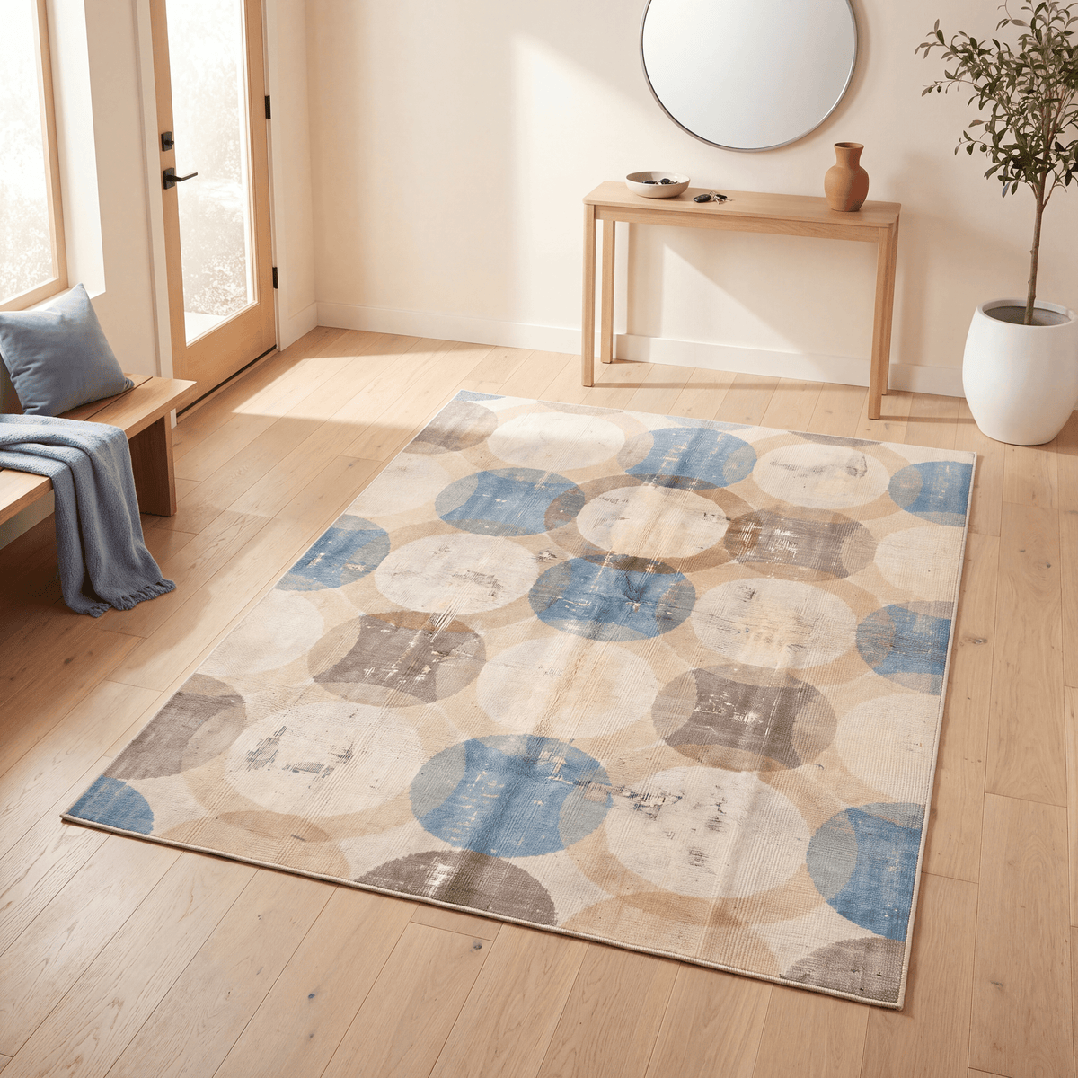 Eyebright Modern Overlapping Circles Cream Grey Soft Blue Tan Washable Indoor Outdoor Entryway Rug - RugzellaDigital Print RugRugzellaRugzellaBBB550-RECT-24x47-60x120cmRGZLLA166381Rectangle2' x 3'11" (60x120 cm)RECTANGLE | Eyebright rectangle entryway