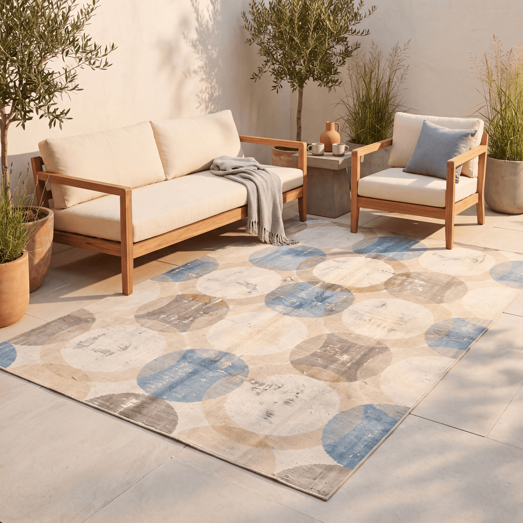 Eyebright Modern Overlapping Circles Cream Grey Soft Blue Tan Washable Indoor Outdoor Entryway Rug - RugzellaDigital Print RugRugzellaRugzellaBBB550-RECT-24x47-60x120cmRGZLLA166381Rectangle2' x 3'11" (60x120 cm)RECTANGLE | Eyebright rectangle outdoor