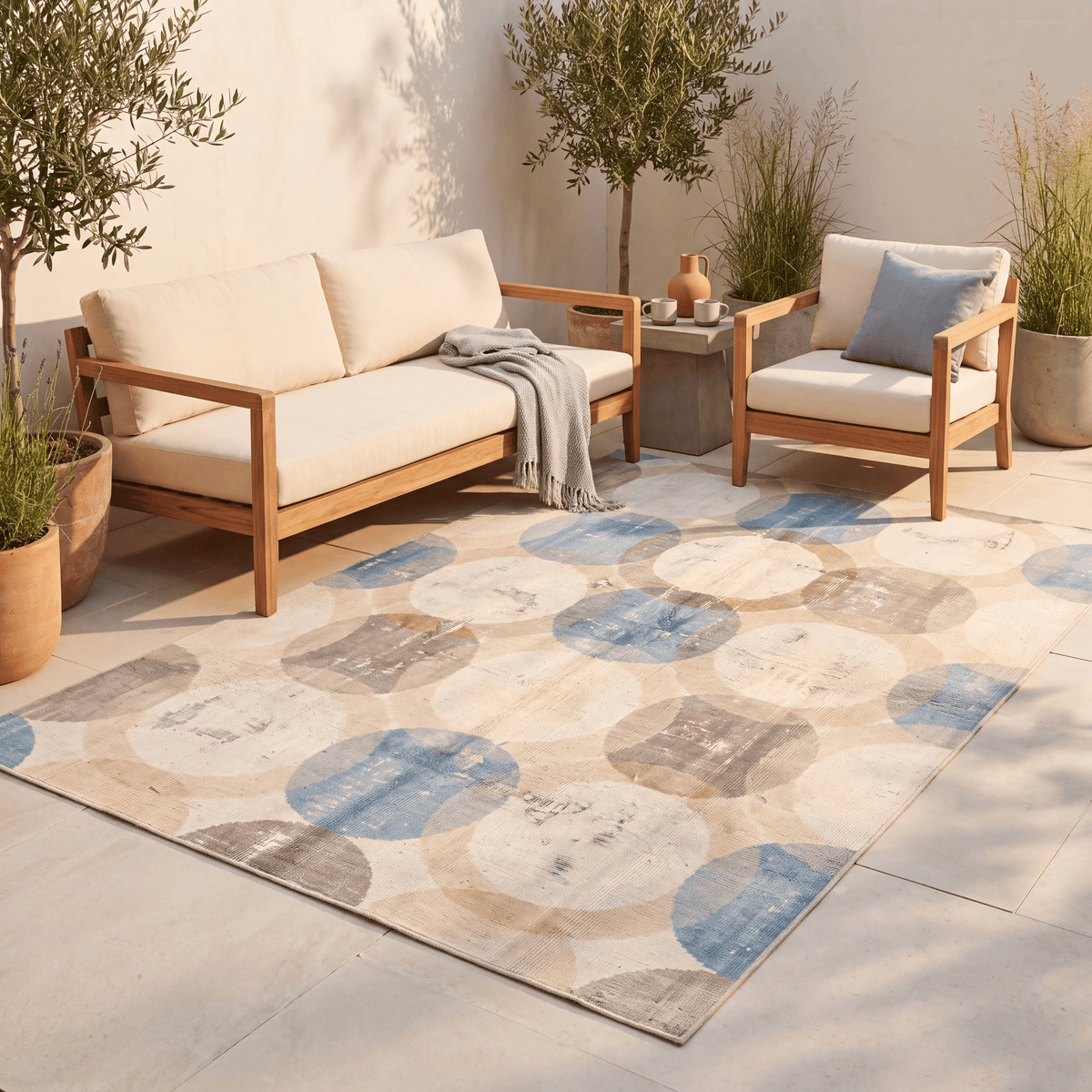 Eyebright Modern Overlapping Circles Cream Grey Soft Blue Tan Washable Indoor Outdoor Entryway Rug - RugzellaDigital Print RugRugzellaRugzellaBBB550-RECT-24x47-60x120cmRGZLLA166381Rectangle2' x 3'11" (60x120 cm)RECTANGLE | Eyebright rectangle outdoor
