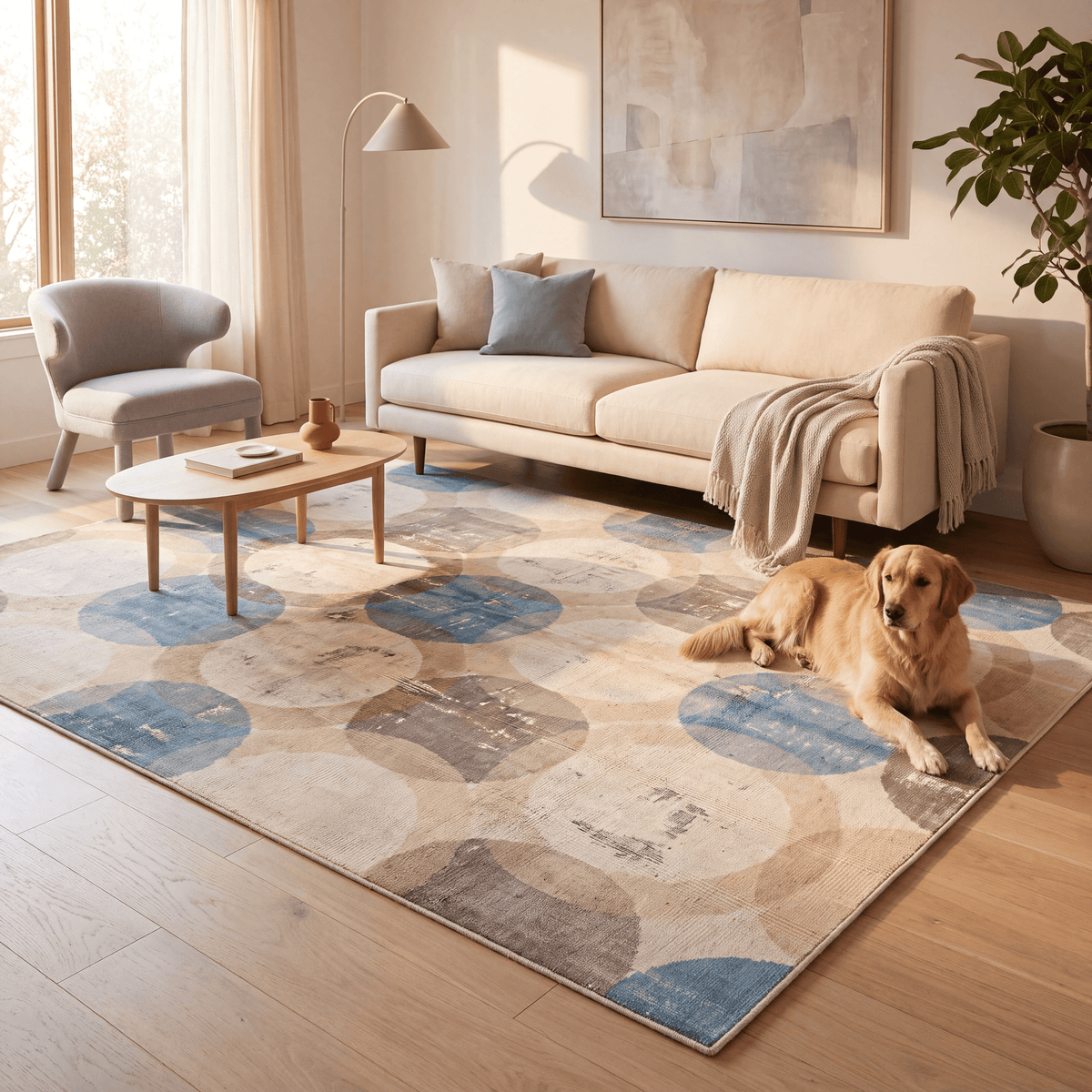 A dog resting on the rug in a living room.