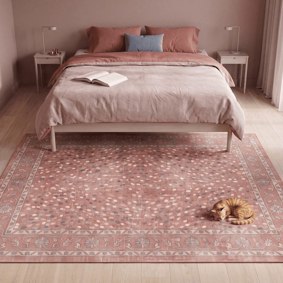 The rug at the foot of a bed with a cat asleep on it.