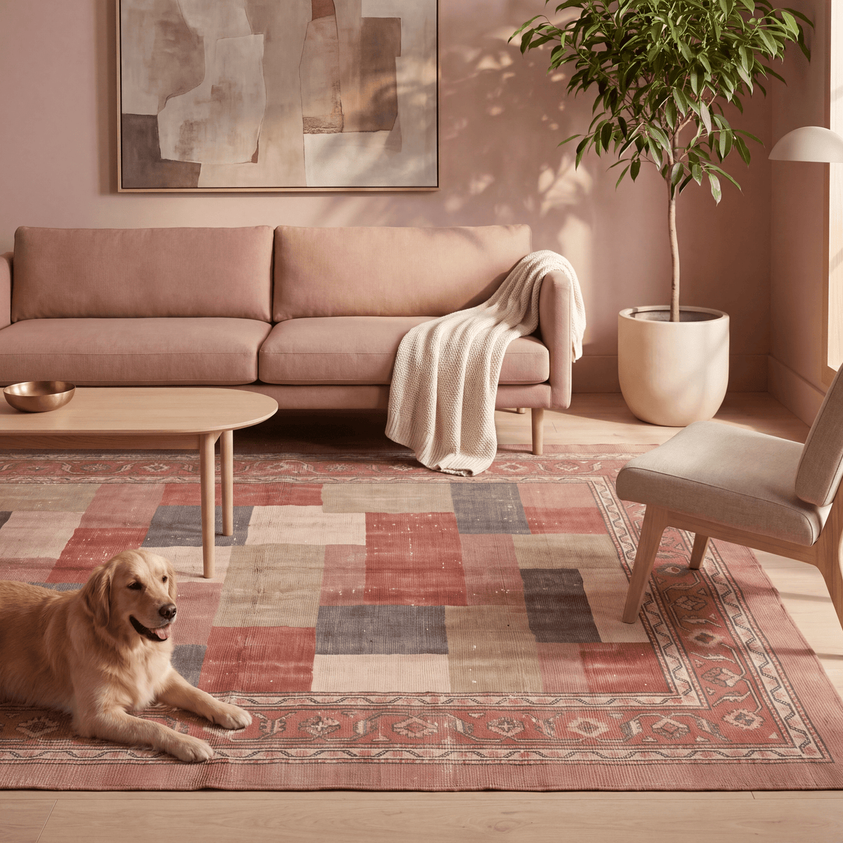 A dog resting on the rug in a living room.