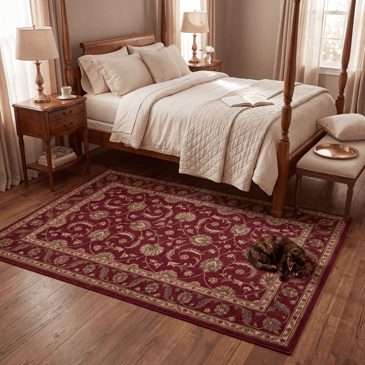 The rug at the foot of a bed with a cat asleep on it.