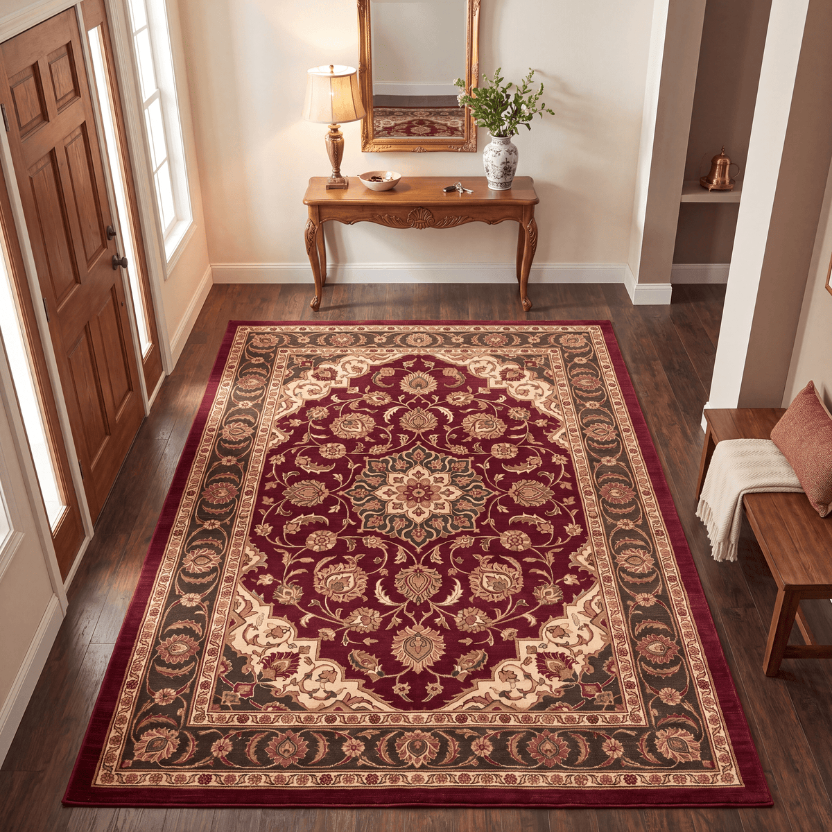 Firwood Traditional Oriental Style Medallion Wine Olive Bone Washable Indoor Outdoor Entryway Rug - RugzellaDigital Print RugRugzellaRugzellaBBB554-RECT-24x47-60x120cmRGZLLA167386Rectangle2' x 3'11" (60x120 cm)RECTANGLE | Firwood rectangle entryway