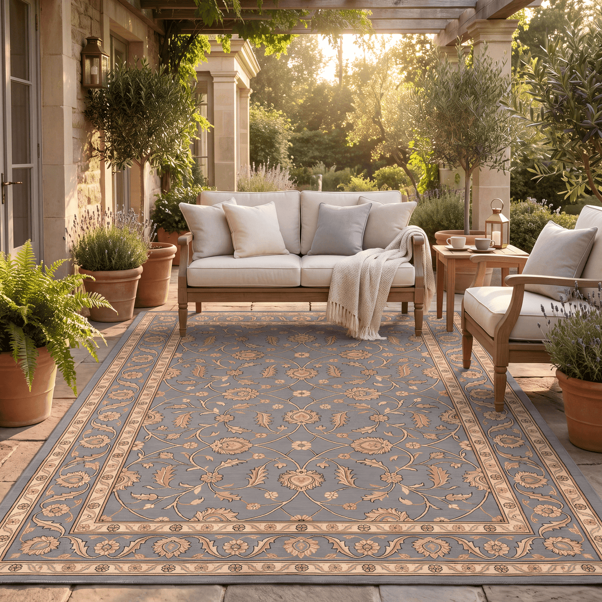 Flatland Traditional Floral Border Slate Gray Bone Gold Washable Indoor Outdoor Entryway Rug - RugzellaDigital Print RugRugzellaRugzellaBBB450-RECT-24x47-60x120cmRGZLLA127521Rectangle2' x 3'11" (60x120 cm)RECTANGLE | Flatland rectangle outdoor