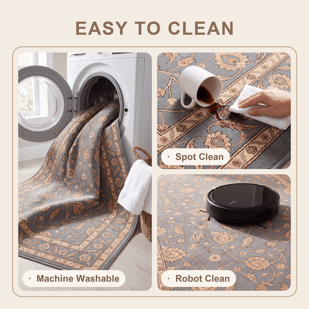 Flatland Traditional Floral Border Slate Gray Bone Gold Washable Indoor Outdoor Entryway Rug - RugzellaDigital Print RugRugzellaRugzellaBBB450-RECT-24x47-60x120cmRGZLLA127521Rectangle2' x 3'11" (60x120 cm)SHARED | Flatland feature clean