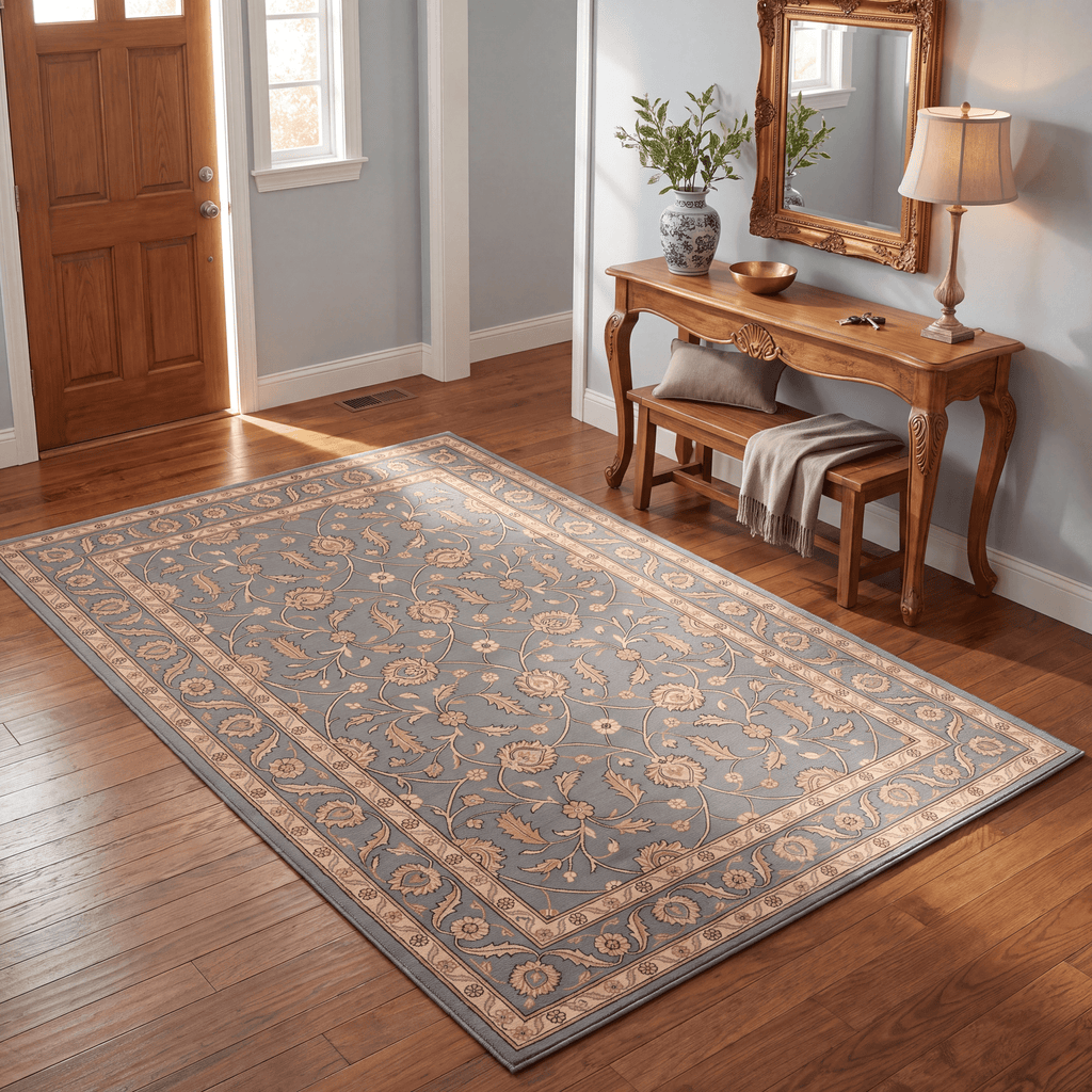 Flatland Traditional Floral Border Slate Gray Bone Gold Washable Indoor Outdoor Entryway Rug - RugzellaDigital Print RugRugzellaRugzellaBBB450-RECT-24x47-60x120cmRGZLLA127521Rectangle2' x 3'11" (60x120 cm)RECTANGLE | Flatland rectangle entryway