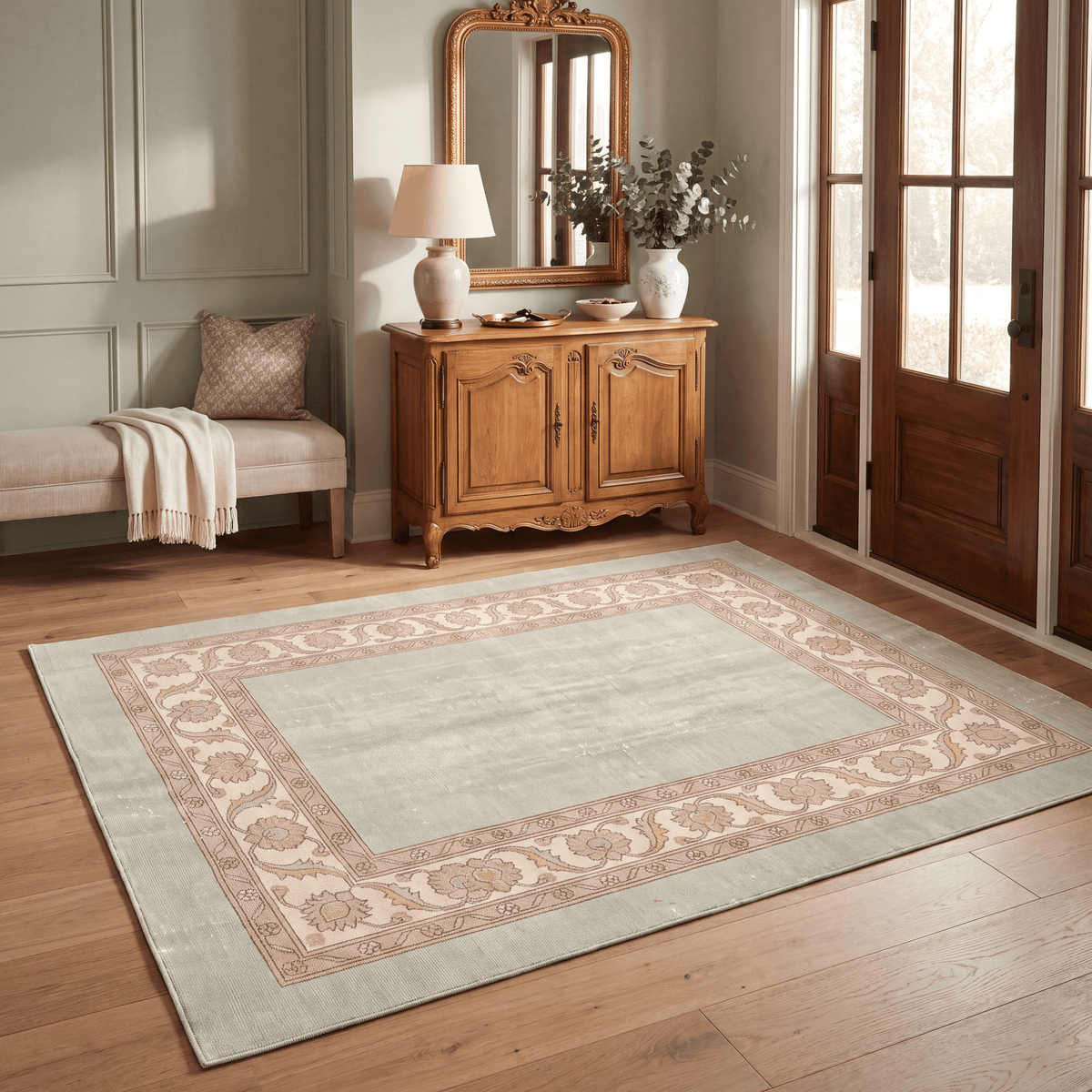 Fleabane Traditional Distressed Medallion Sage Ivory Rose Washable Indoor Outdoor Entryway Rug - RugzellaDigital Print RugRugzellaRugzellaBBB556-RECT-24x47-60x120cmRGZLLA167721Rectangle2' x 3'11" (60x120 cm)RECTANGLE | Fleabane rectangle entryway