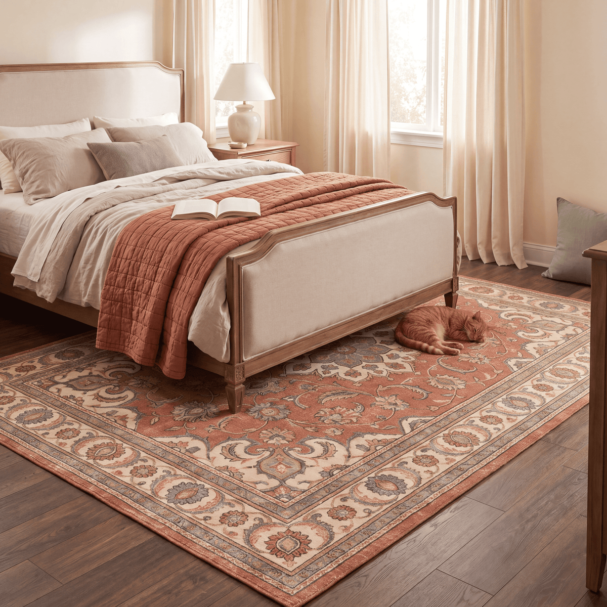 The rug at the foot of a bed with a cat asleep on it.